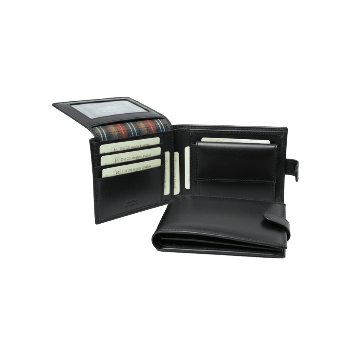 Portafoglio bifold in pelle nera aperto, fessure per carte e tasca per banconote.