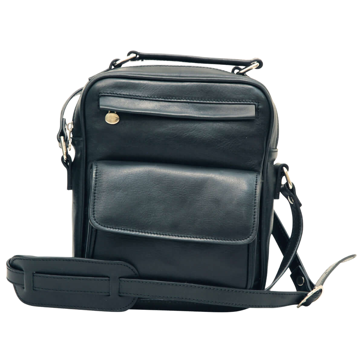 Borsa a tracolla in pelle nera con tasca frontale e tracolla regolabile.