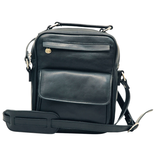 Borsa a tracolla in pelle nera con tasca frontale e tracolla regolabile.