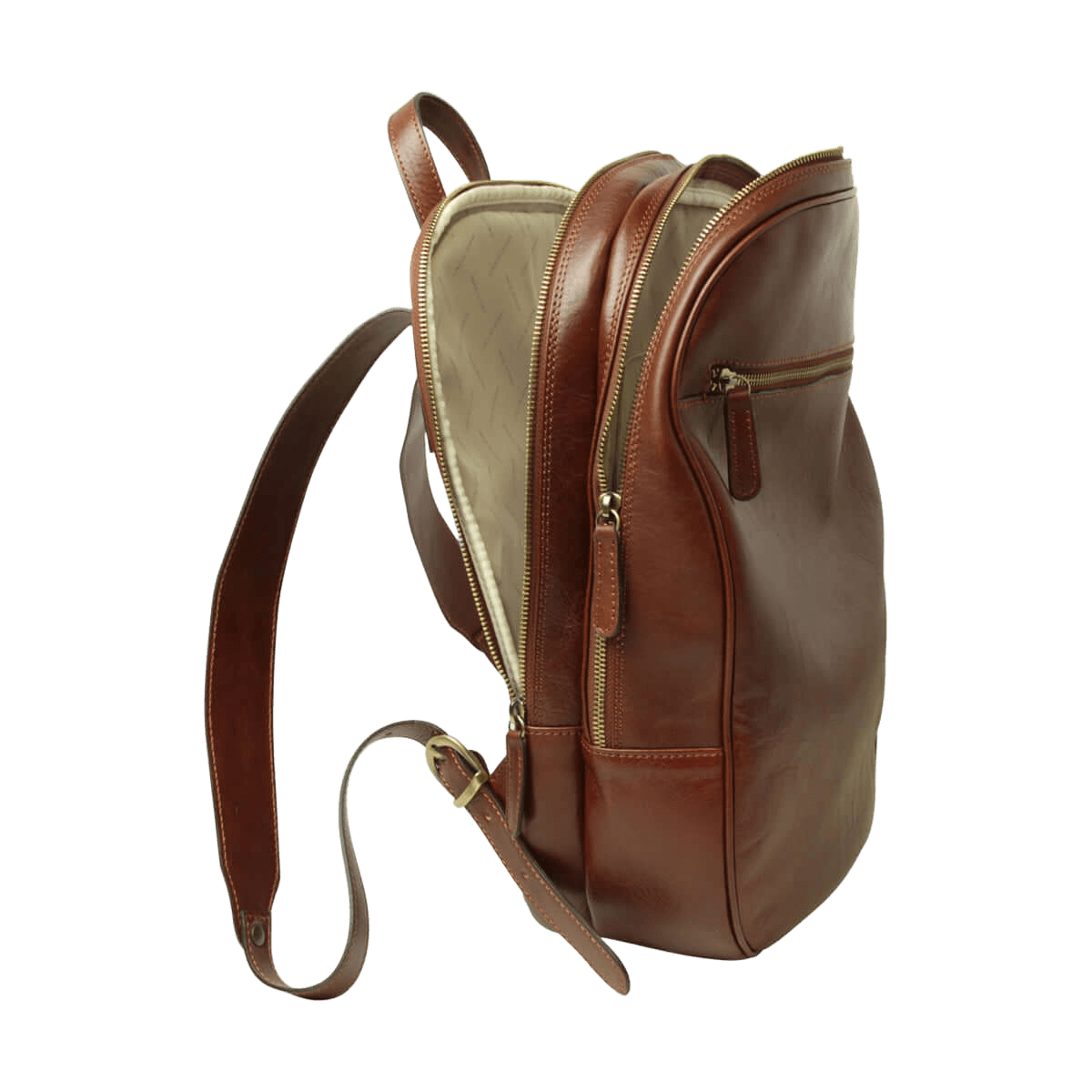 Zaino in pelle marrone laterale con tracolla regolabile e zip centrale