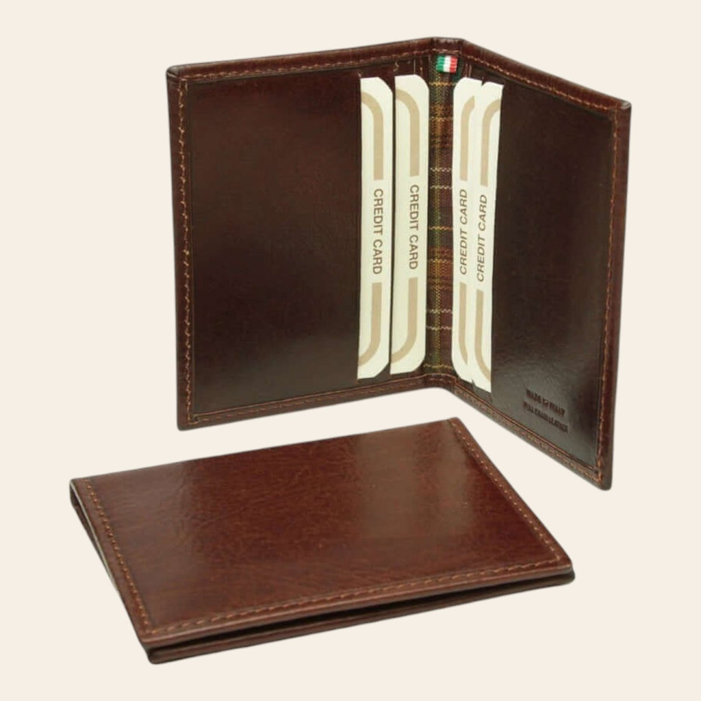 Porta carte in pelle marrone RFID, portafoglio aperto con tasche interne, vista di lato