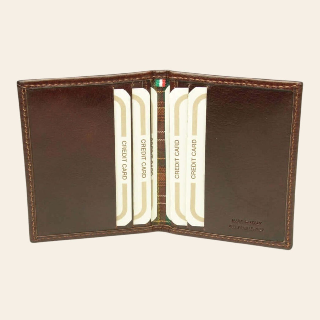 Porta carte in pelle marrone RFID con tasche per carte e logo centrale, vista frontale