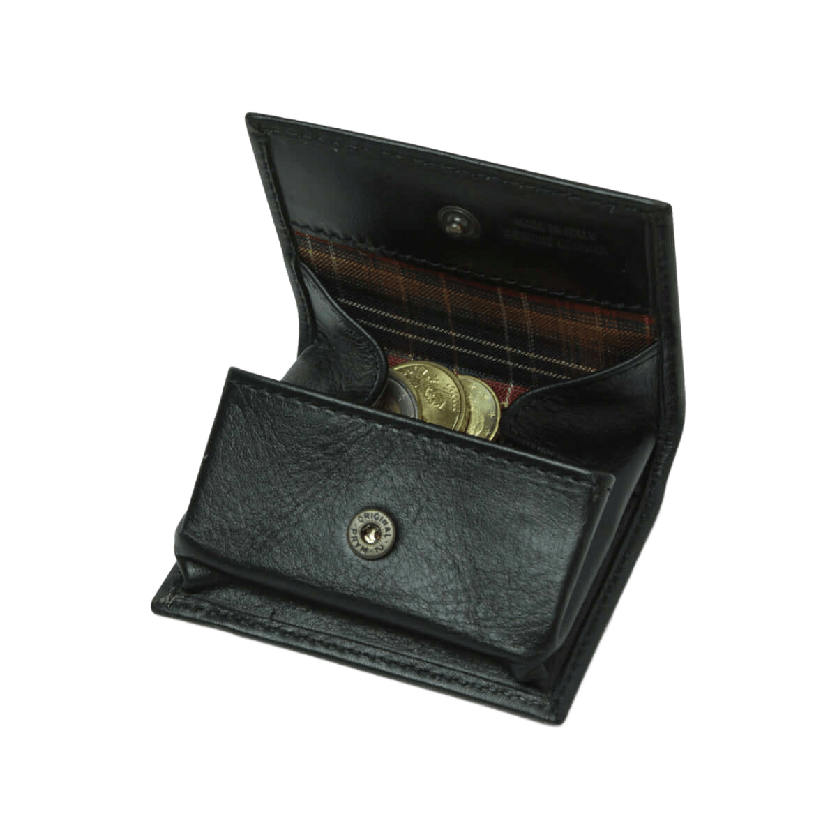 Portamonete in pelle nera Old Angler Firenze con monete visibili e chiusura a bottone