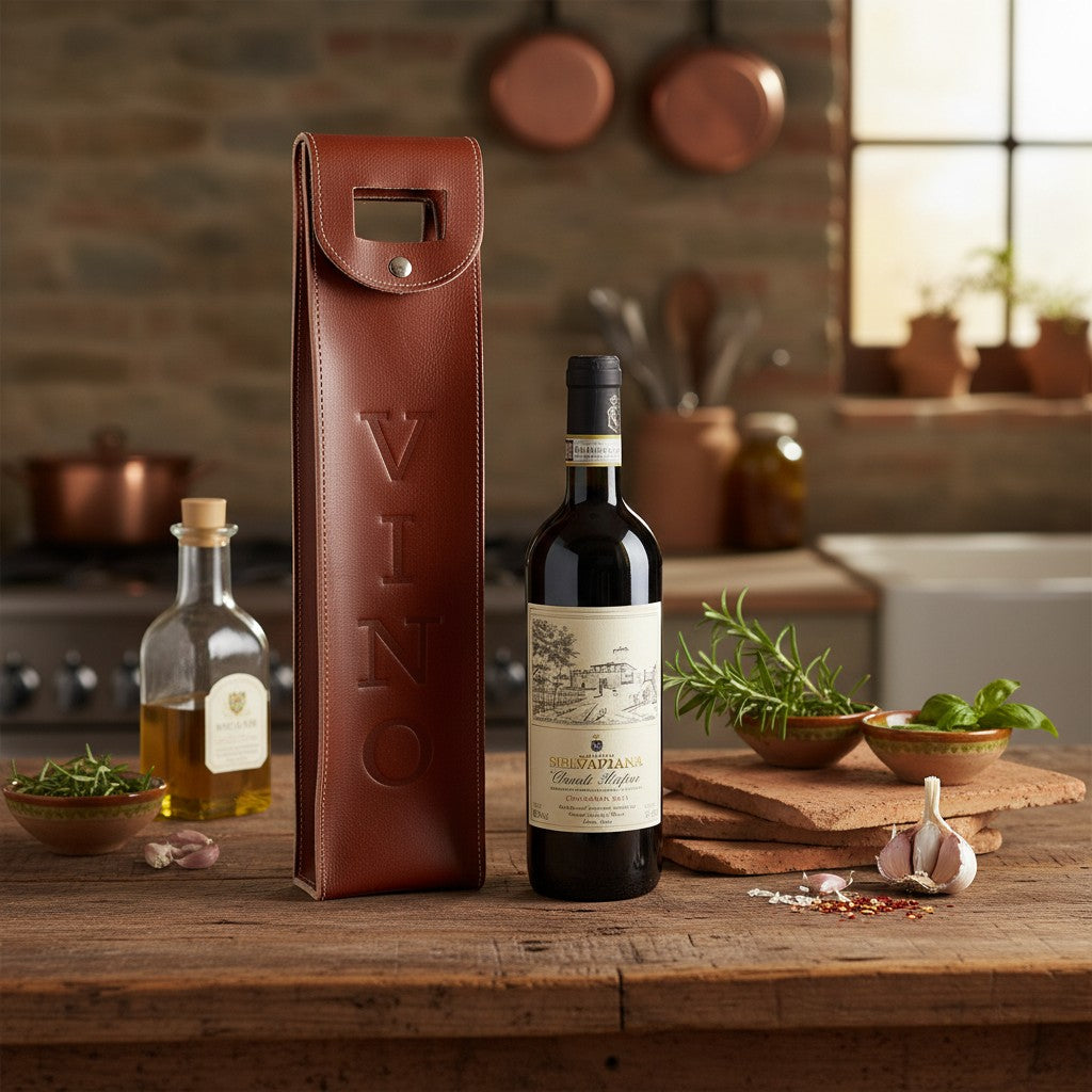Porta bottiglia in pelle marrone con fibbia e rilievo 'VIN'.