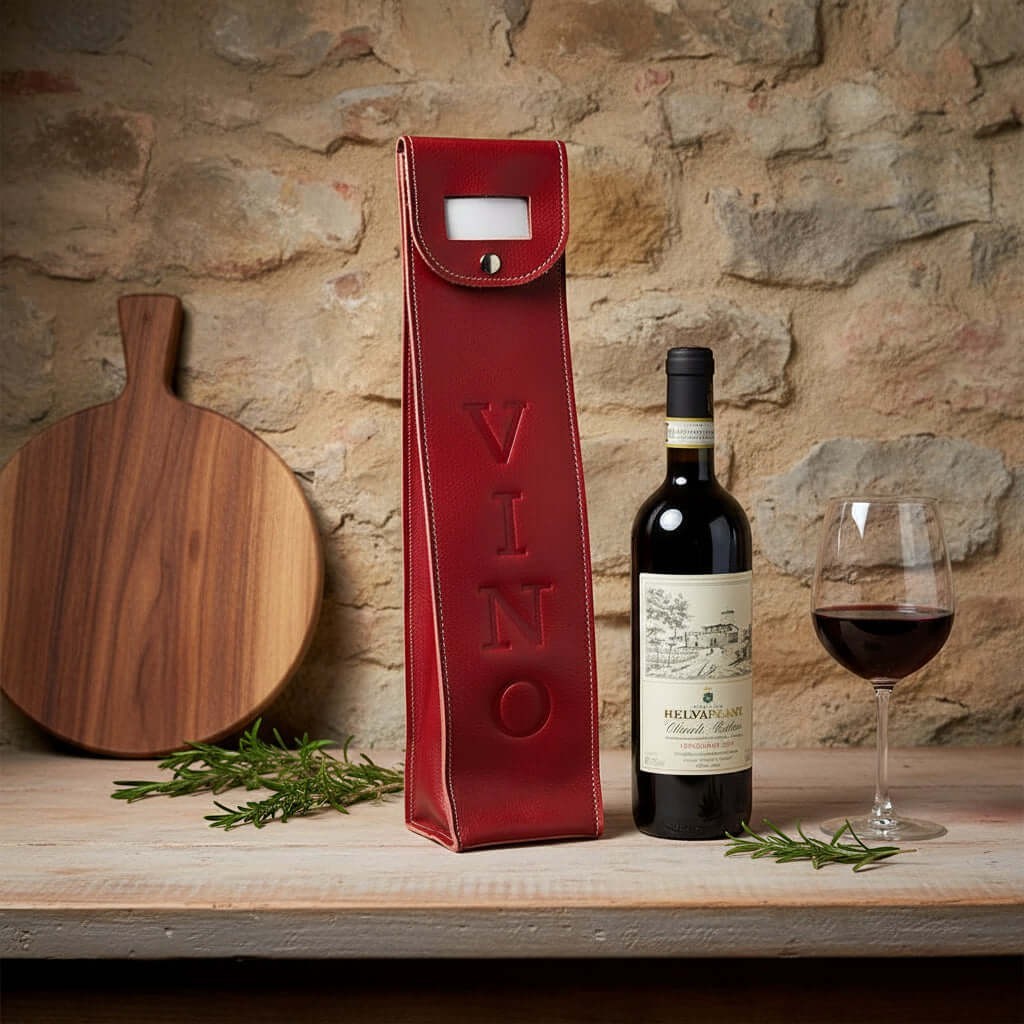 Portabottiglie in pelle rossa con patta e manico, impresso VINO