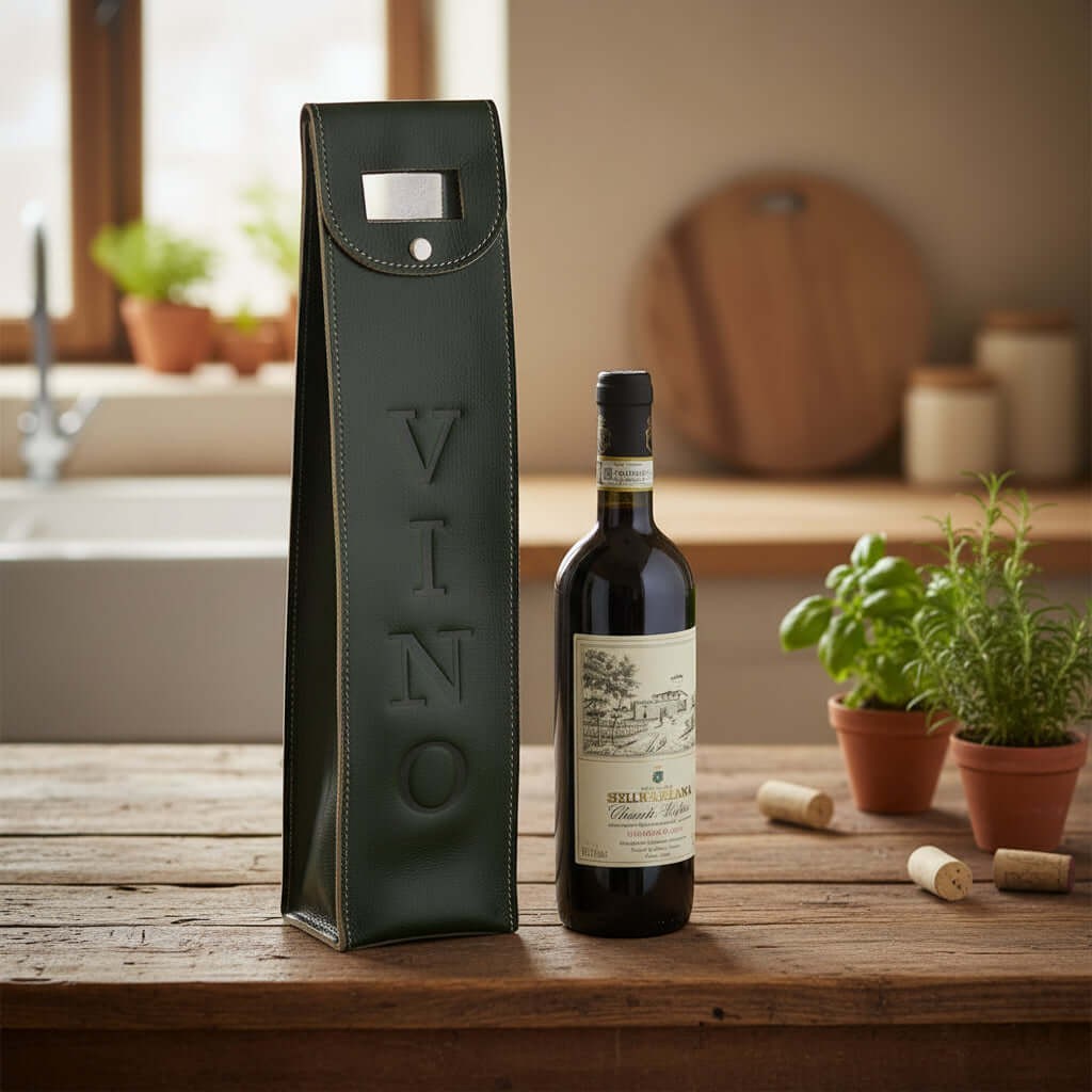 Portabottiglie in pelle verde Old Angler con patta e lettere VIN O in rilievo