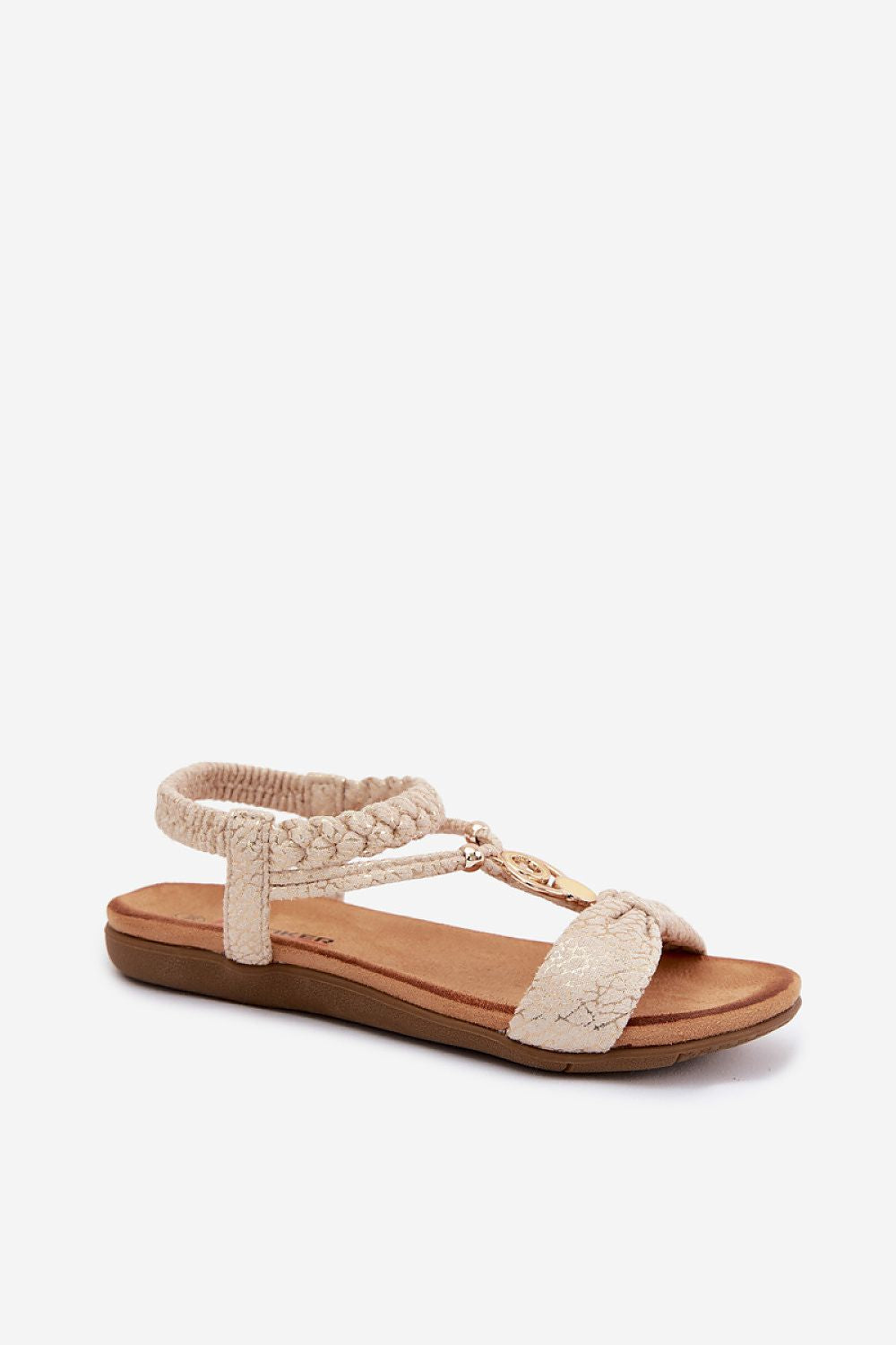 Sandali estivi beige con due cinturini in tessuto e suola marrone