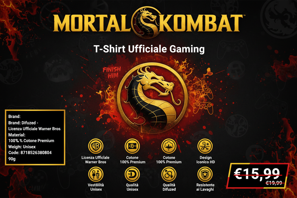 T-Shirt Mortal Kombat Ufficiale - Maglietta Gaming Unisex 100% Cotone