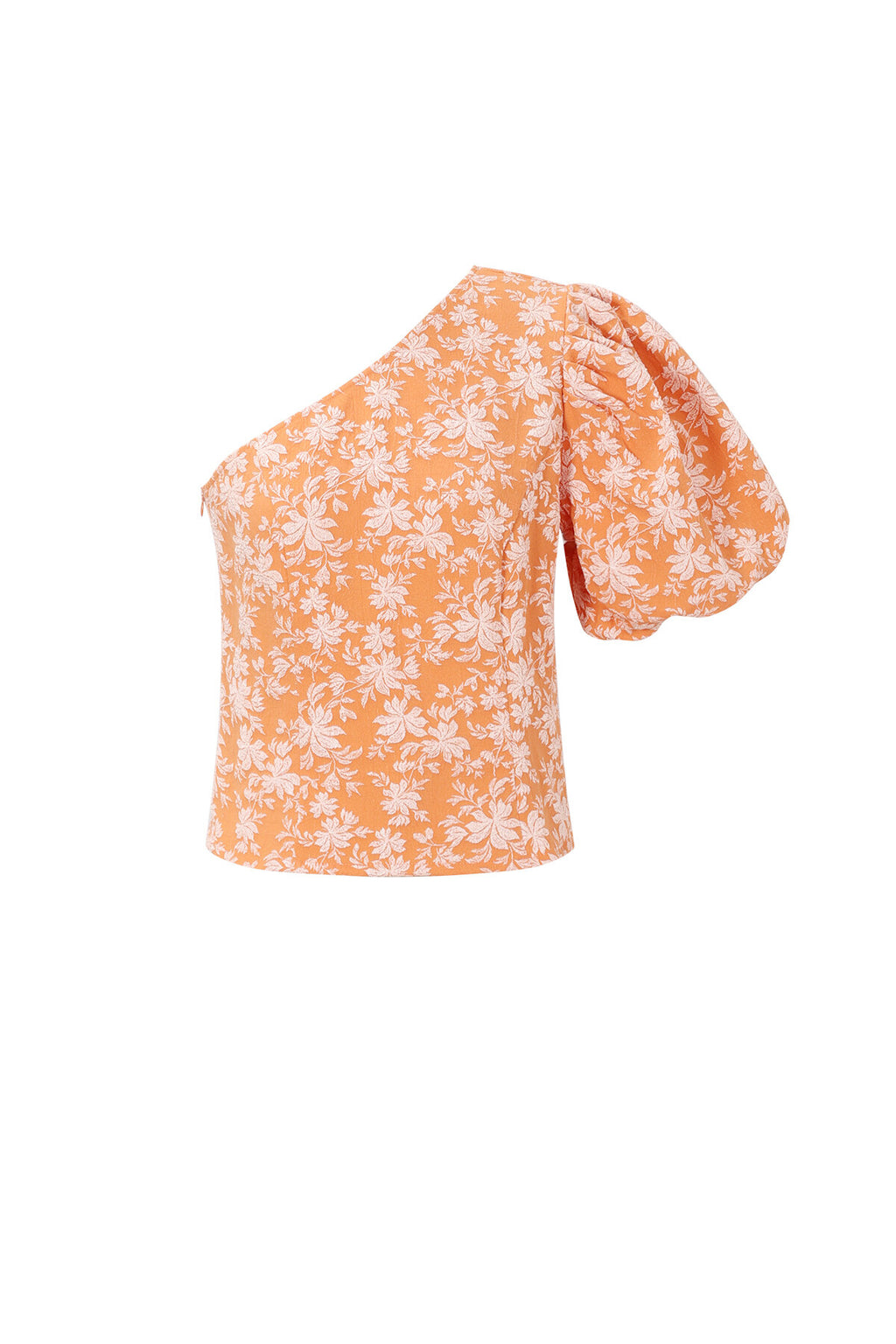 Top a fiori monospalla in tessuto arancione con manica a sbuffo e stampa floreale, ideale per primavera/estate.
