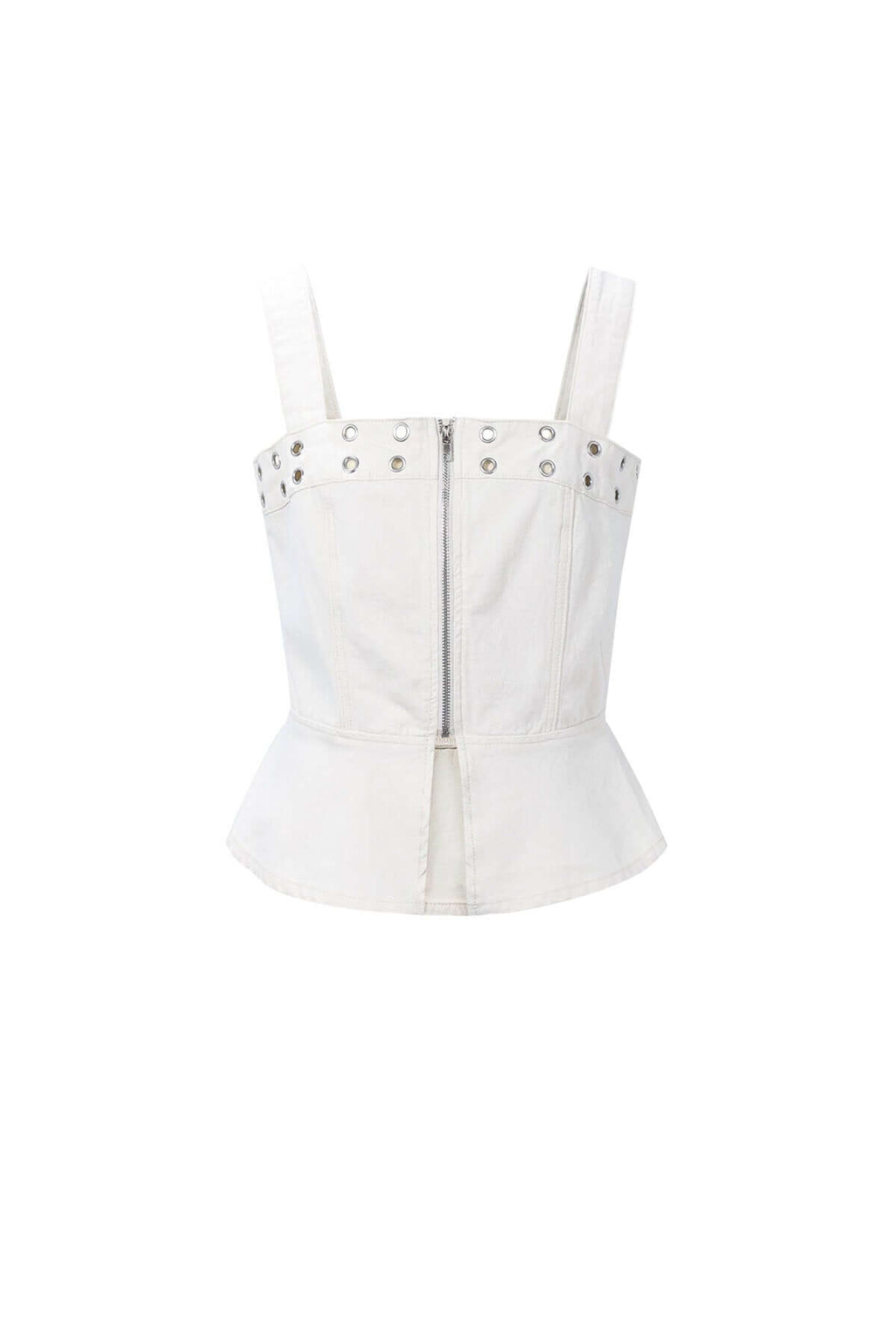 Top in denim bianco con occhielli metallici, scollo quadrato e zip centrale