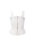 Top in denim bianco con occhielli metallici, scollo quadrato e zip centrale