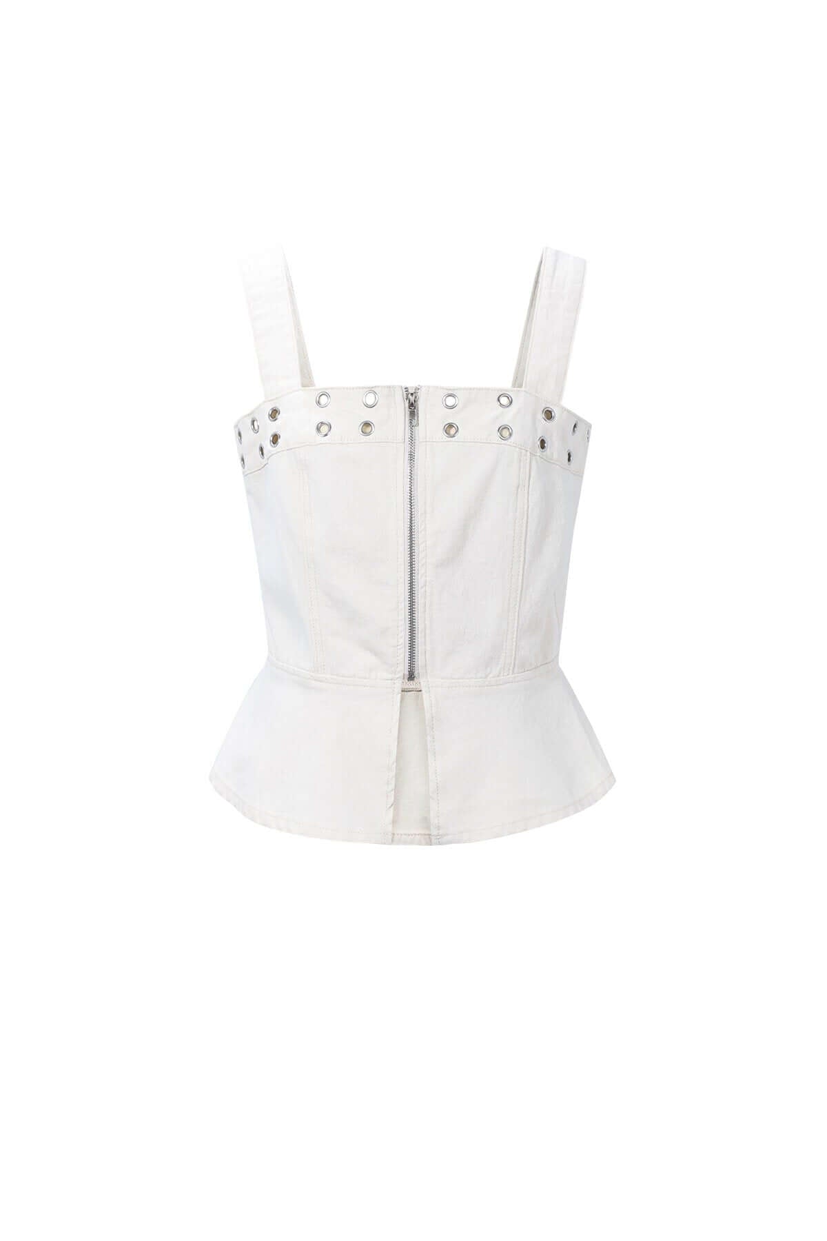 Top in denim bianco con occhielli metallici, scollo quadrato e zip centrale