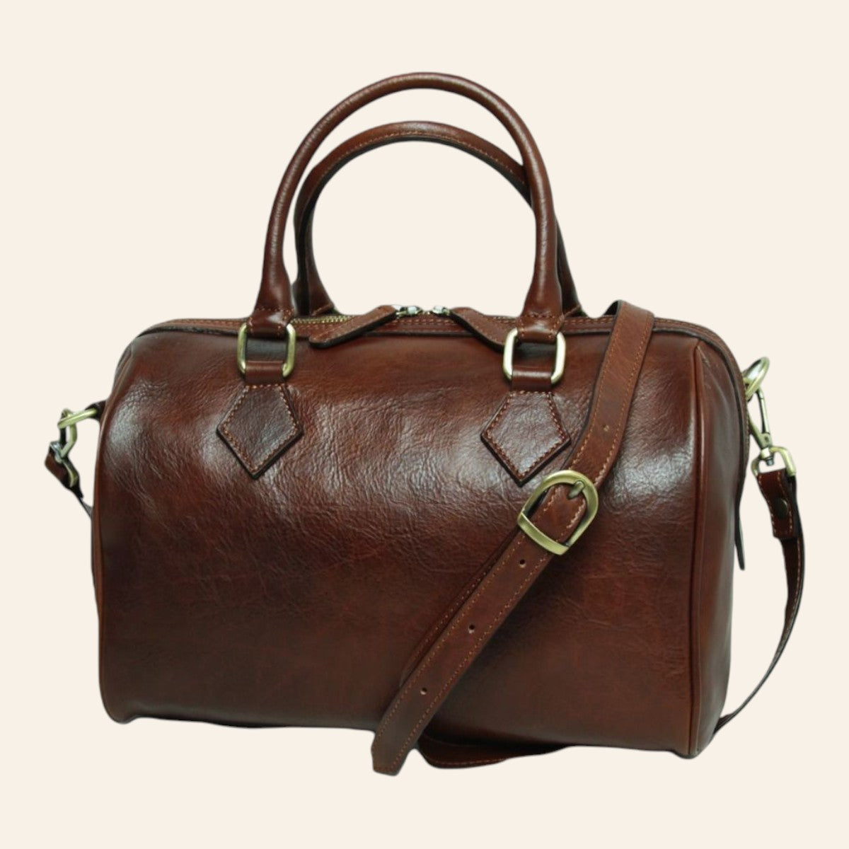 Bauletto in pelle di vitello pieno fiore marrone, con manici e tracolla regolabile