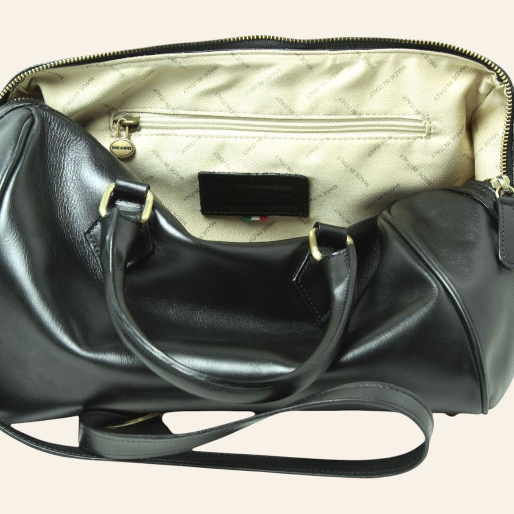 Bauletto Vetrina Fiorentina in pelle di vitello nera con interno foderato, tasche con zip e dettagli artigianali