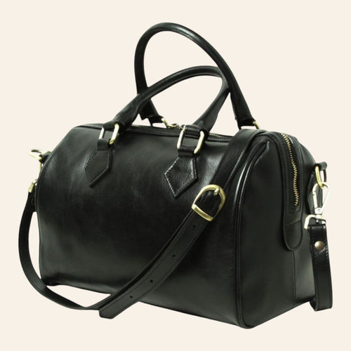 Bauletto Vetrina Fiorentina in pelle di vitello pieno fiore nera con tracolla regolabile e dettagli in metallo