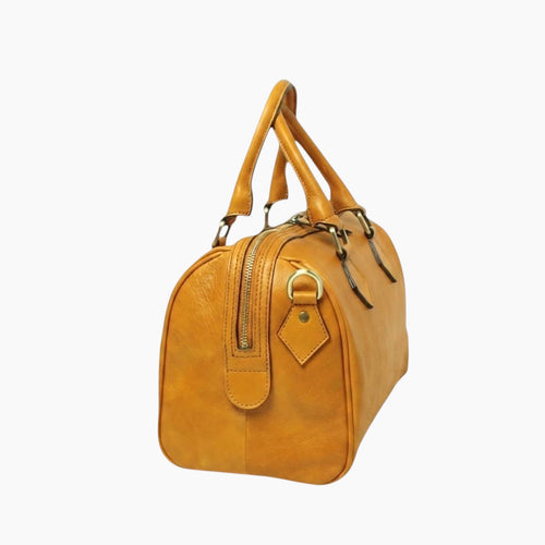 Bauletto Vetrina Fiorentina in pelle di vitello pieno fiore color ocra con manici e tracolla, vista laterale