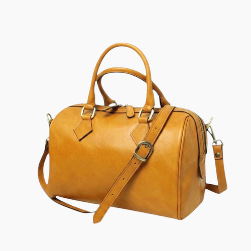 Bauletto Vetrina Fiorentina in pelle di vitello pieno fiore color ocra con tracolla regolabile e manici