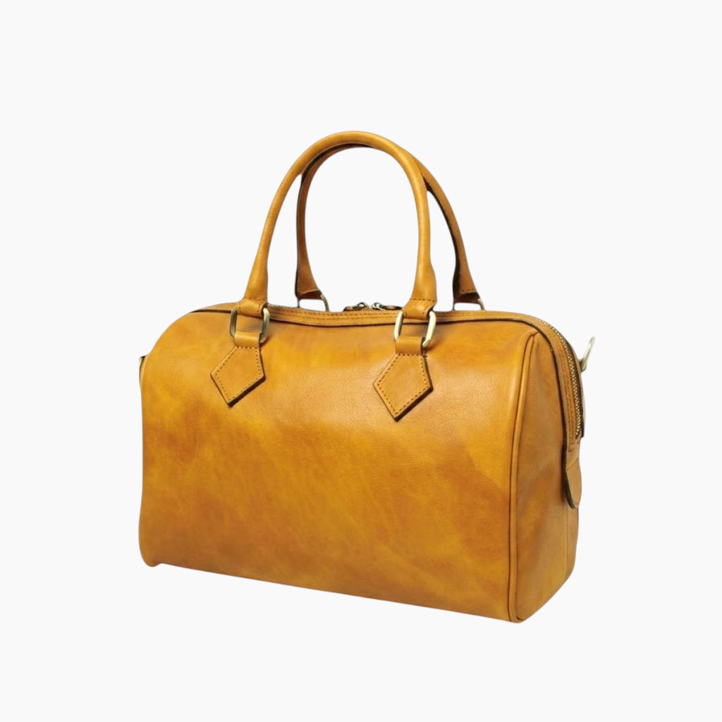 Bauletto Vetrina Fiorentina in pelle di vitello pieno fiore color ocra con due manici e tracolla rimovibile