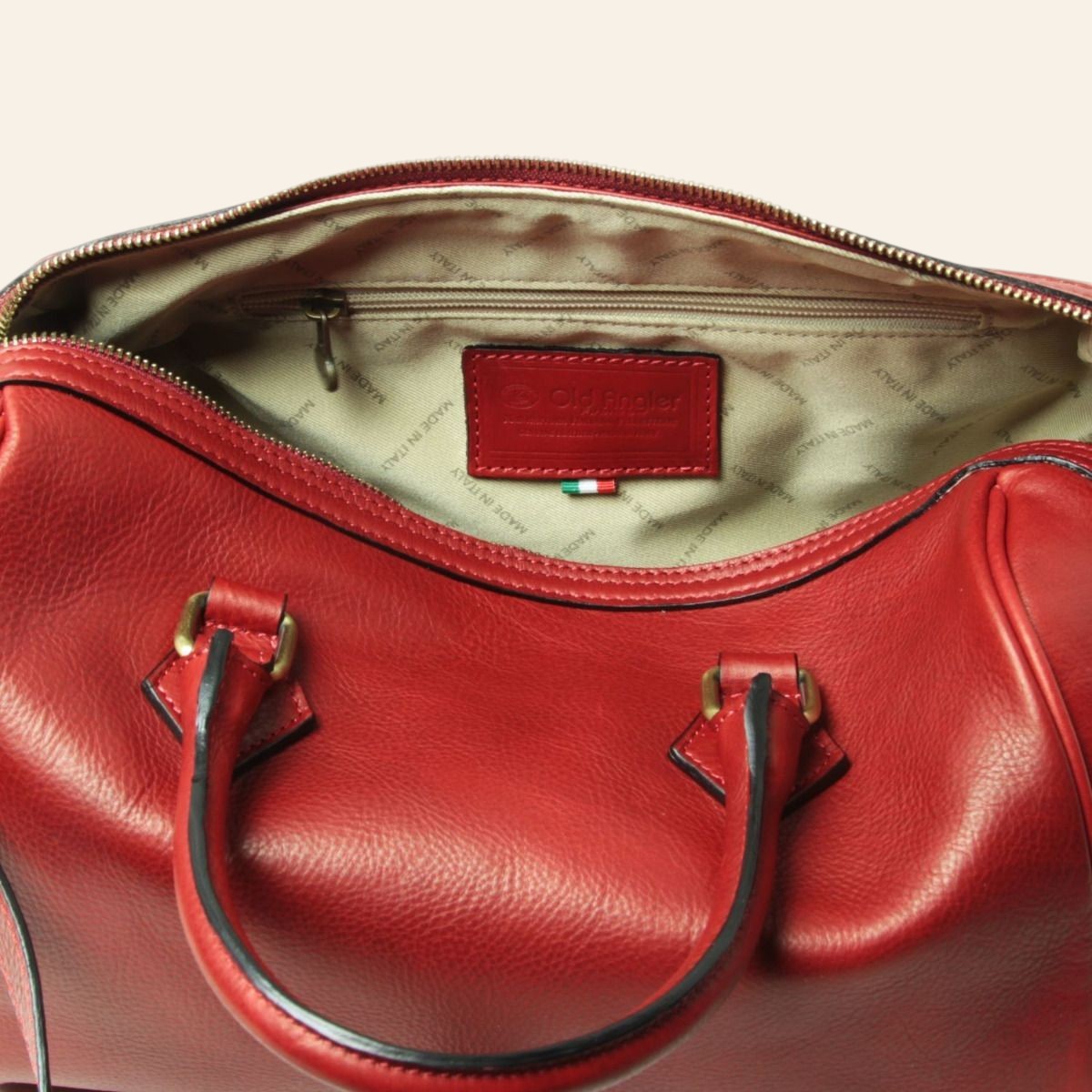 Bauletto Vetrina Fiorentina Old Angler in pelle di vitello pieno fiore rossa con interno foderato e tasche con zip
