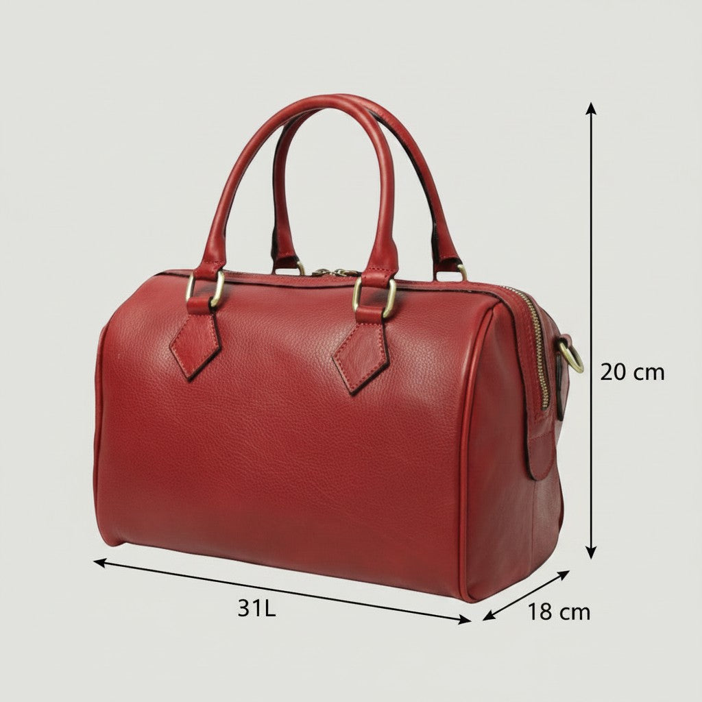 Bauletto Vetrina Fiorentina in pelle rossa pieno fiore con due manici e dettagli metallici, vista frontale.