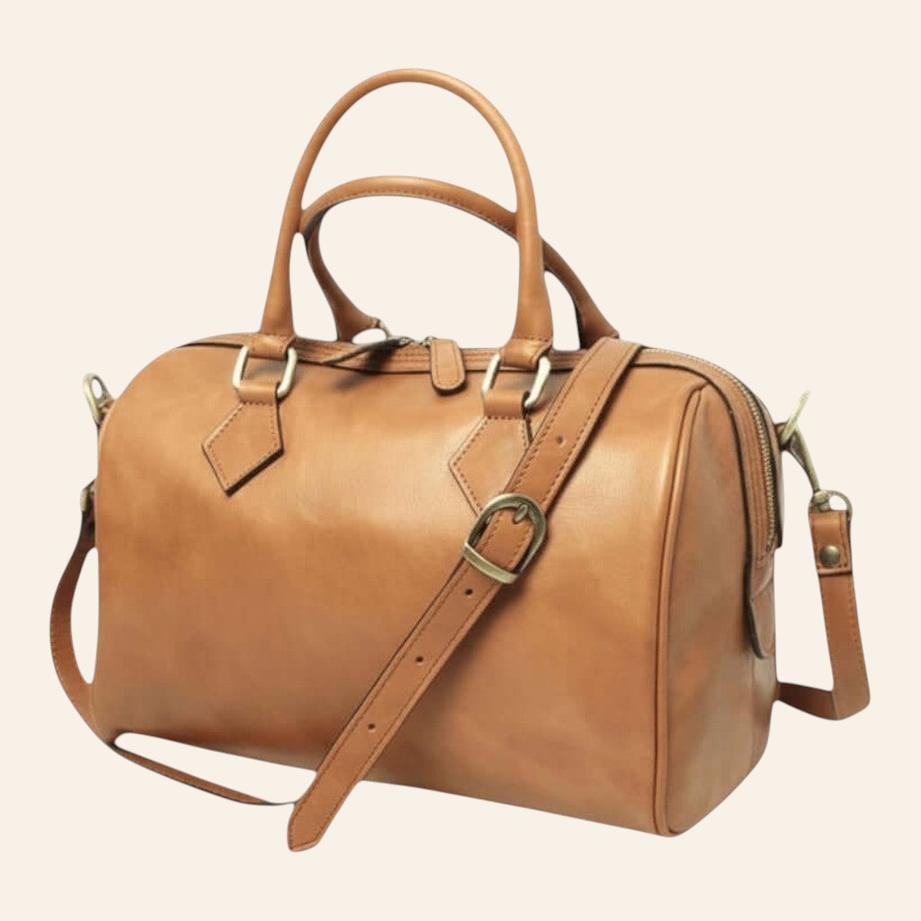 Bauletto Vetrina Fiorentina in pelle di vitello color coloniale con tracolla regolabile e doppi manici artigianali