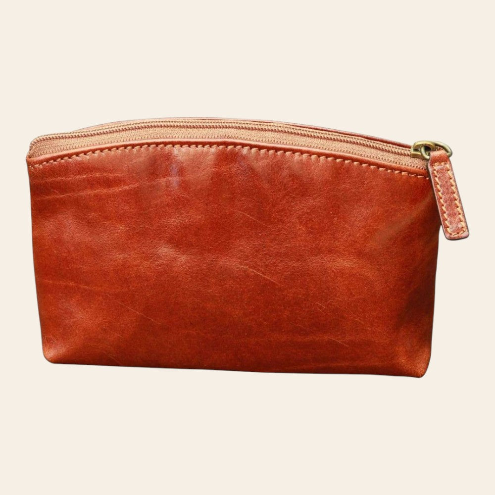 Beauty case Vetrina Fiorentina in vera pelle marrone pieno fiore con chiusura a cerniera, design artigianale italiano