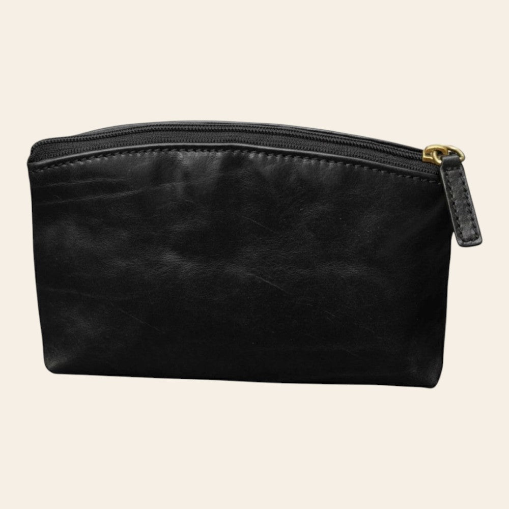 Beauty case Vetrina Fiorentina in pelle nera pieno fiore con chiusura a cerniera e fodera interna in tessuto