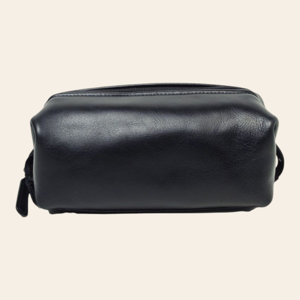 Beauty case Vetrina Fiorentina in pelle di vitello pieno fiore nera con chiusura a zip, design artigianale elegante.