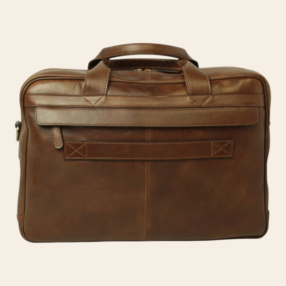 Borsa laptop Vetrina Fiorentina in pelle pieno fiore color castagna con cuciture rinforzate e manici robusti
