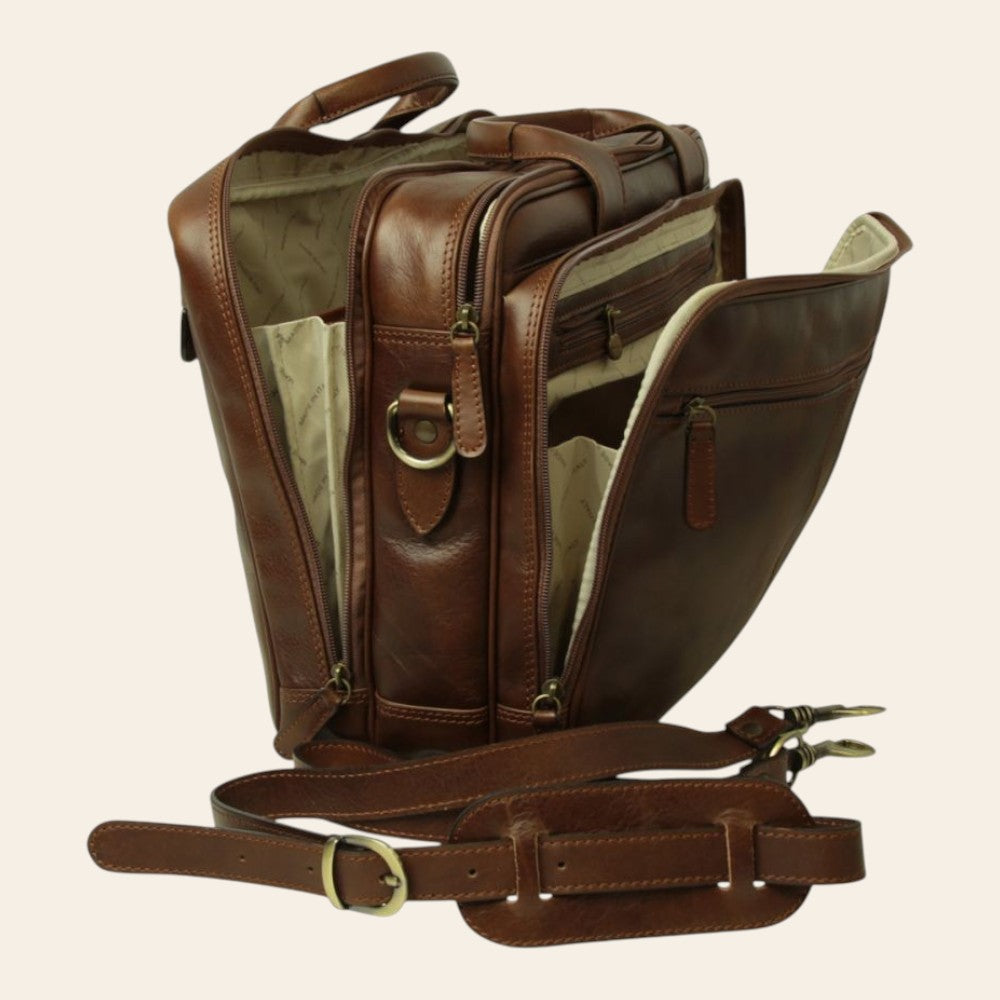 Borsa laptop Vetrina Fiorentina in pelle pieno fiore color castagna con tracolla imbottita e scomparti multipli