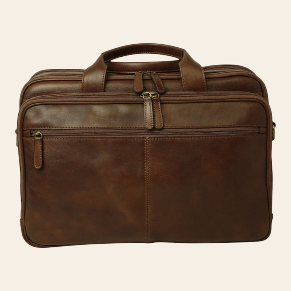 Borsa laptop Vetrina Fiorentina in pelle pieno fiore color castagna con scomparti multipli e doppie cuciture