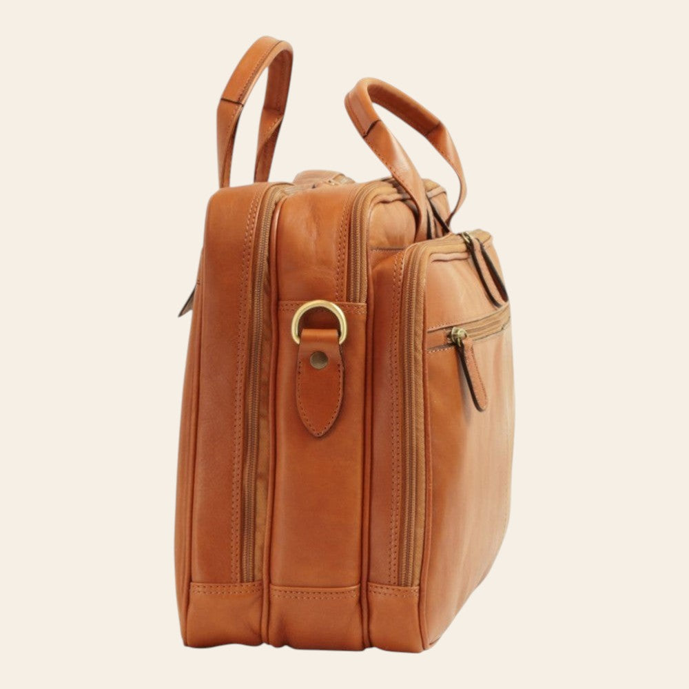 Borsa laptop Vetrina Fiorentina in pelle marrone coloniale con manici e scomparti, vista laterale.