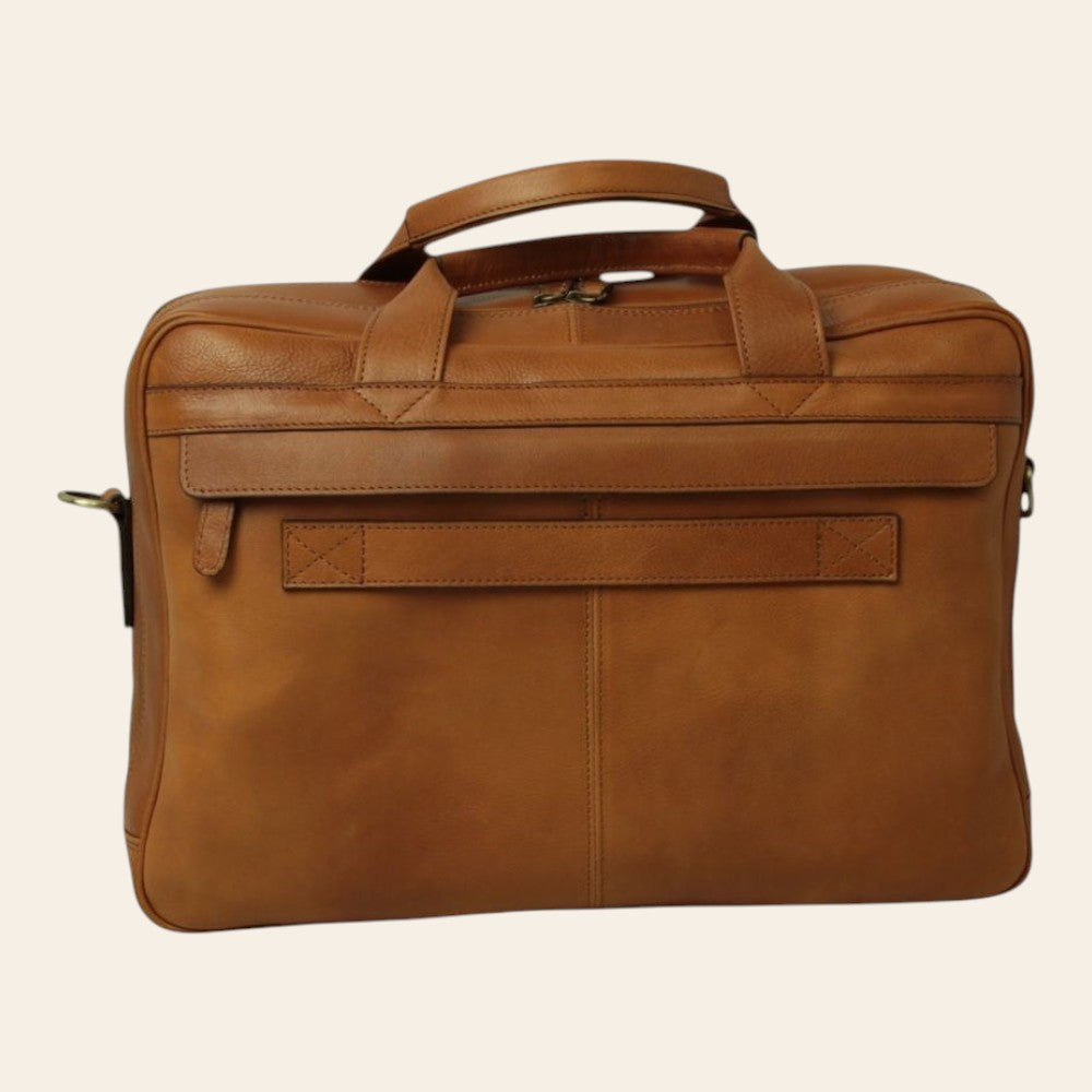 Borsa laptop Vetrina Fiorentina in pelle pieno fiore marrone coloniale con manici e tracolla, stile artigianale.
