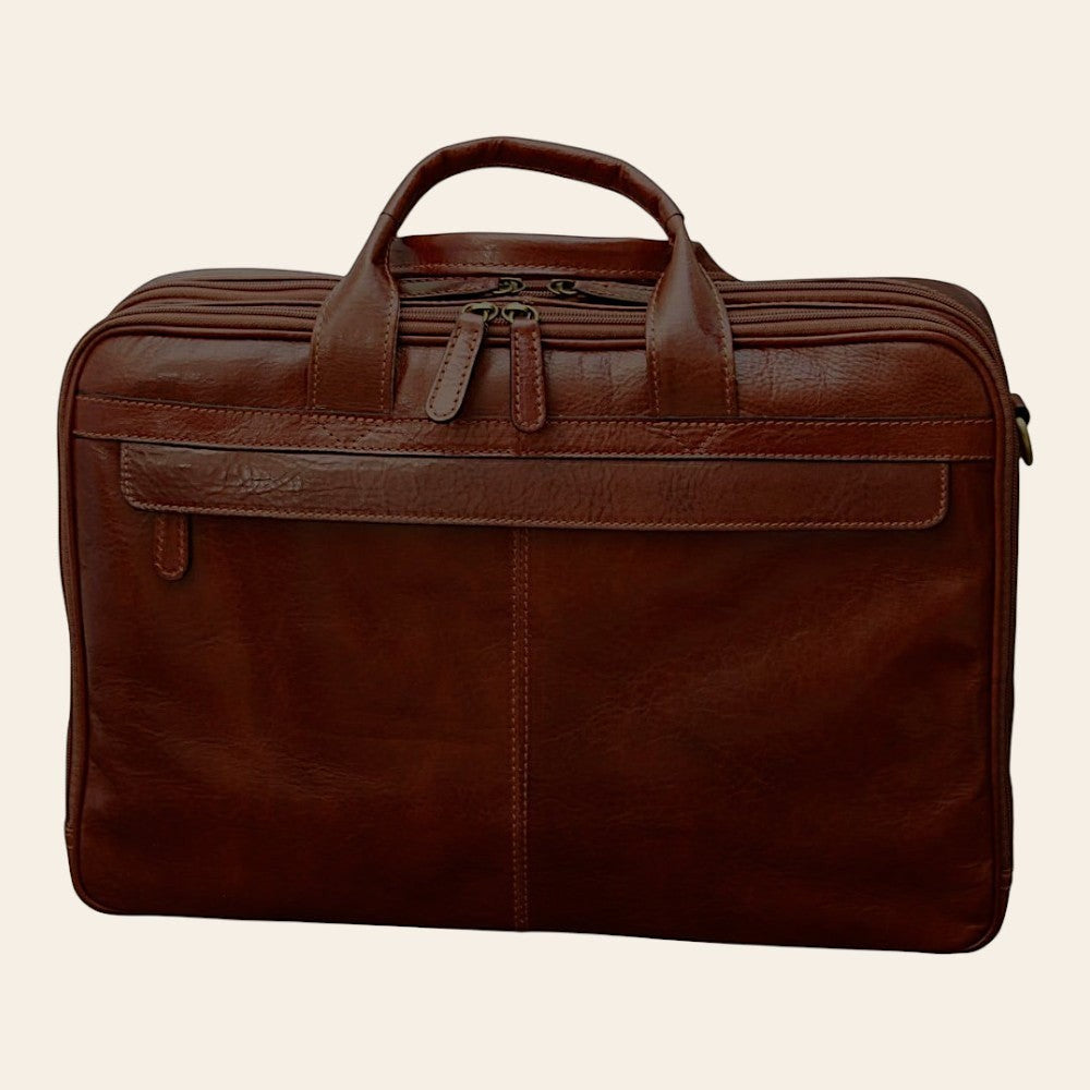 Borsa laptop Vetrina Fiorentina in pelle di vitello marrone pieno fiore con doppie cuciture e scomparti organizzati