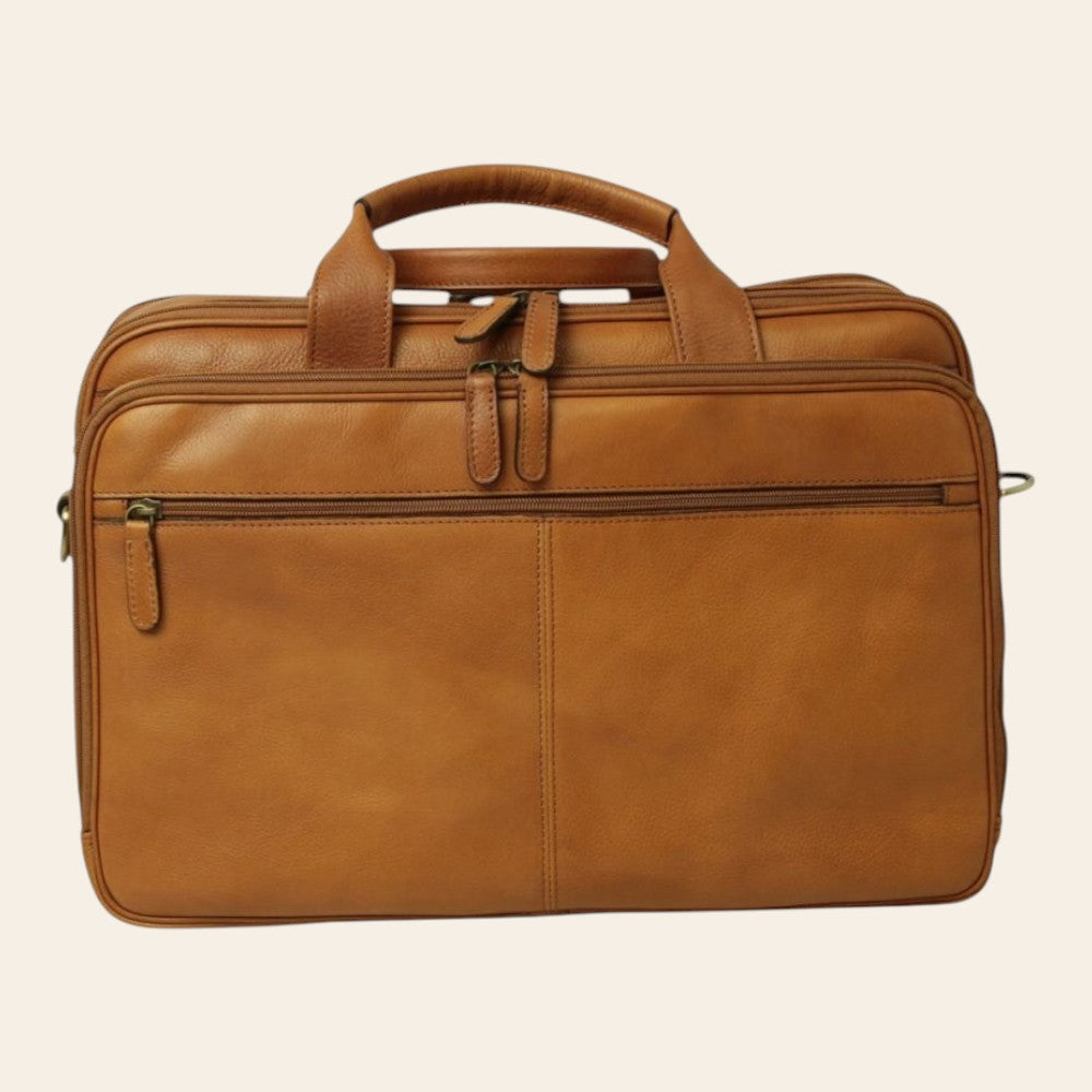 Borsa laptop Vetrina Fiorentina in pelle marrone coloniale con manici e chiusura a zip, artigianato Made in Italy