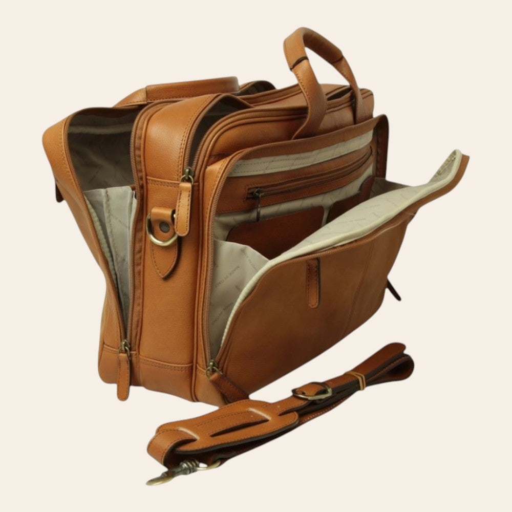 Borsa laptop Vetrina Fiorentina in pelle marrone coloniale con tracolla removibile e scomparti interni organizzati
