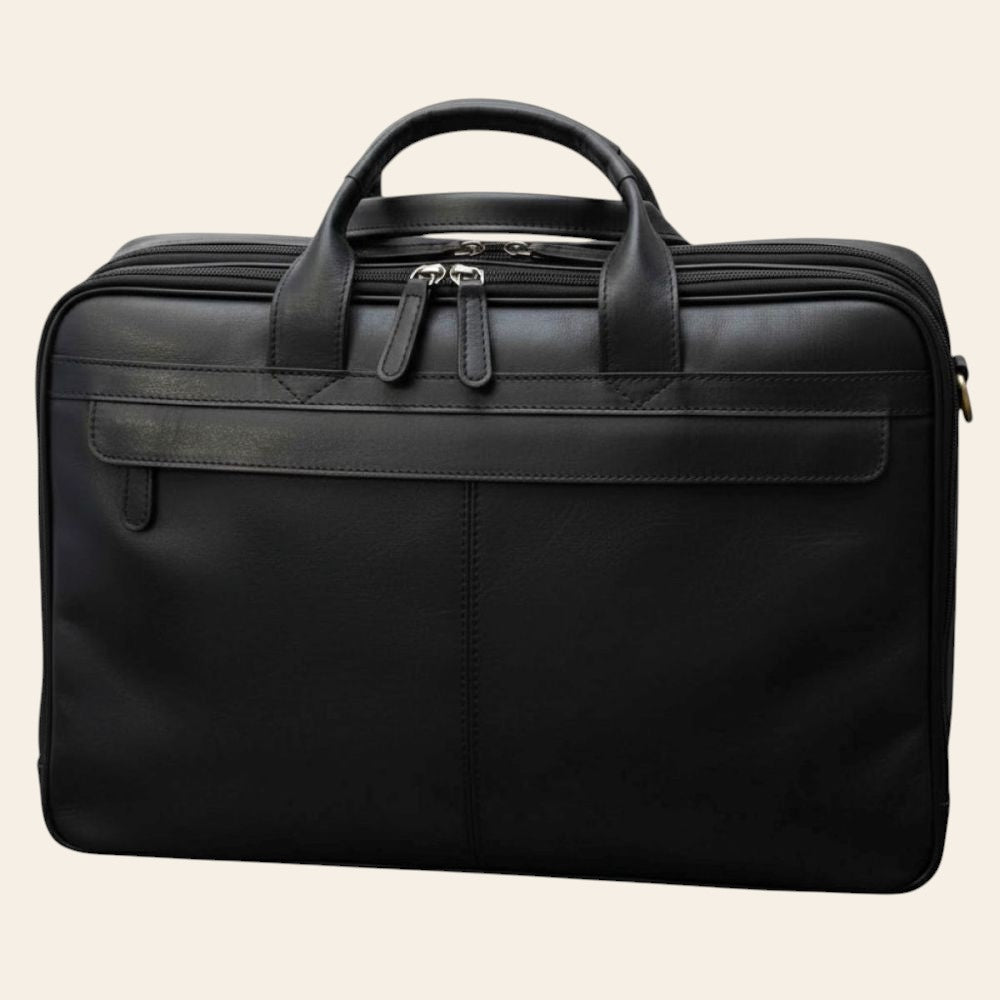 Borsa laptop Vetrina Fiorentina in pelle di vitello nera artigianale con doppie cerniere e manici robusti