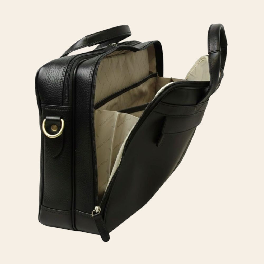 Borsa laptop Vetrina Fiorentina in pelle nera pieno fiore con scomparti interni e tracolla, design artigianale italiano