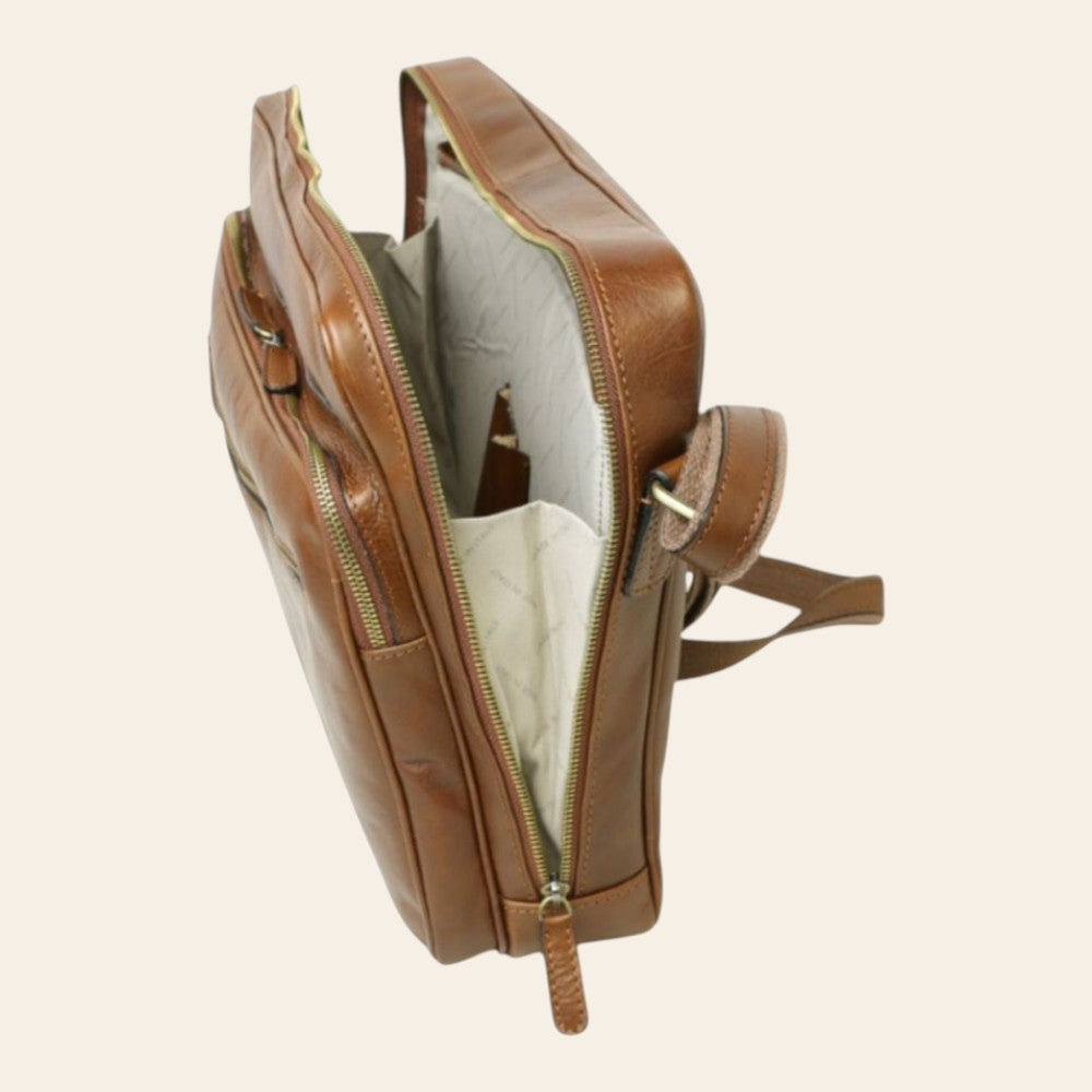 Borsa messenger grande Vetrina Fiorentina in pelle di vitello color castagna con chiusura zip e scomparti interni