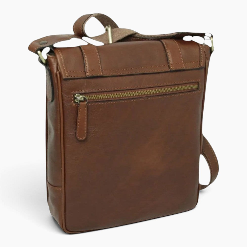 Borsa messenger Vetrina Fiorentina in pelle di vitello color castagna con tasca posteriore con zip e tracolla