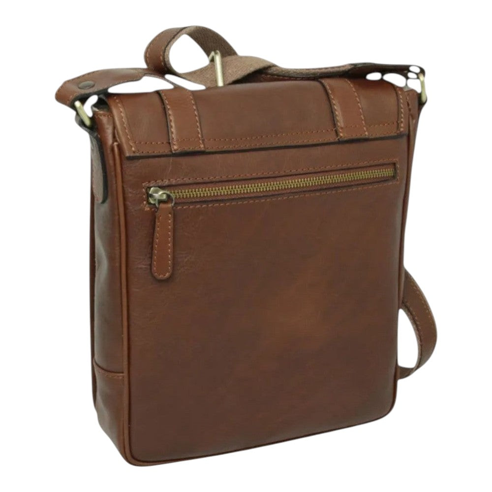 Borsa messenger Vetrina Fiorentina in pelle di vitello color castagna con tasca posteriore con zip e tracolla