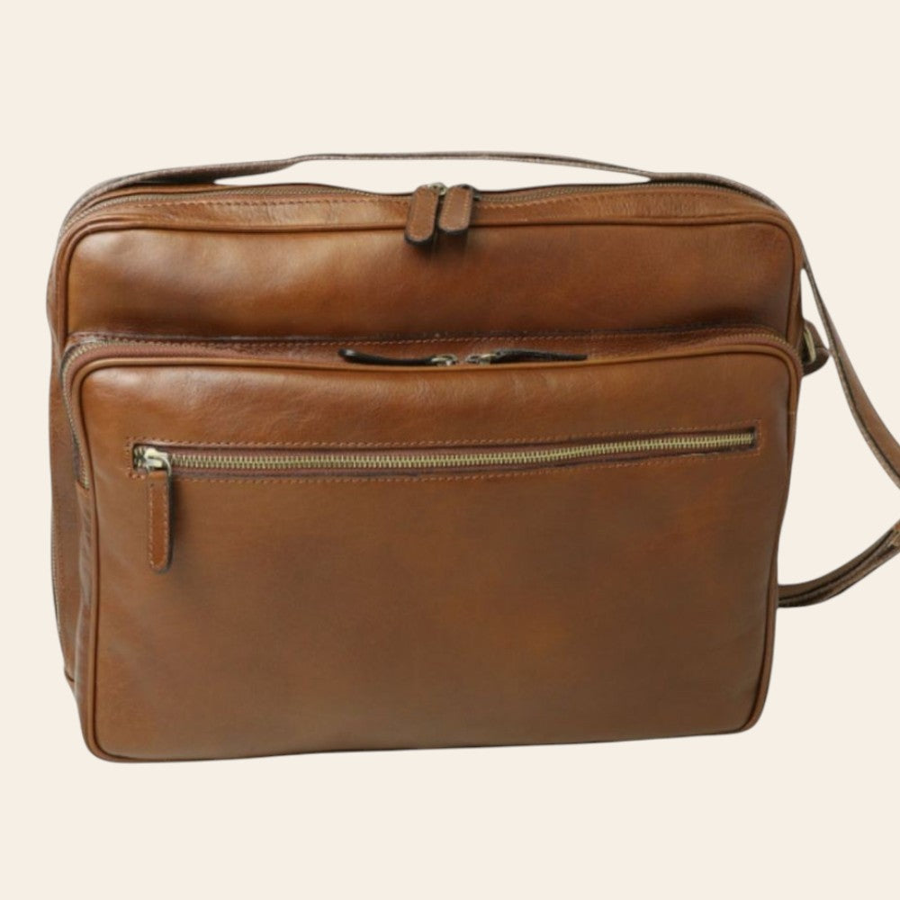 Borsa messenger grande Vetrina Fiorentina in pelle di vitello color castagna con tasche esterne e chiusura a zip