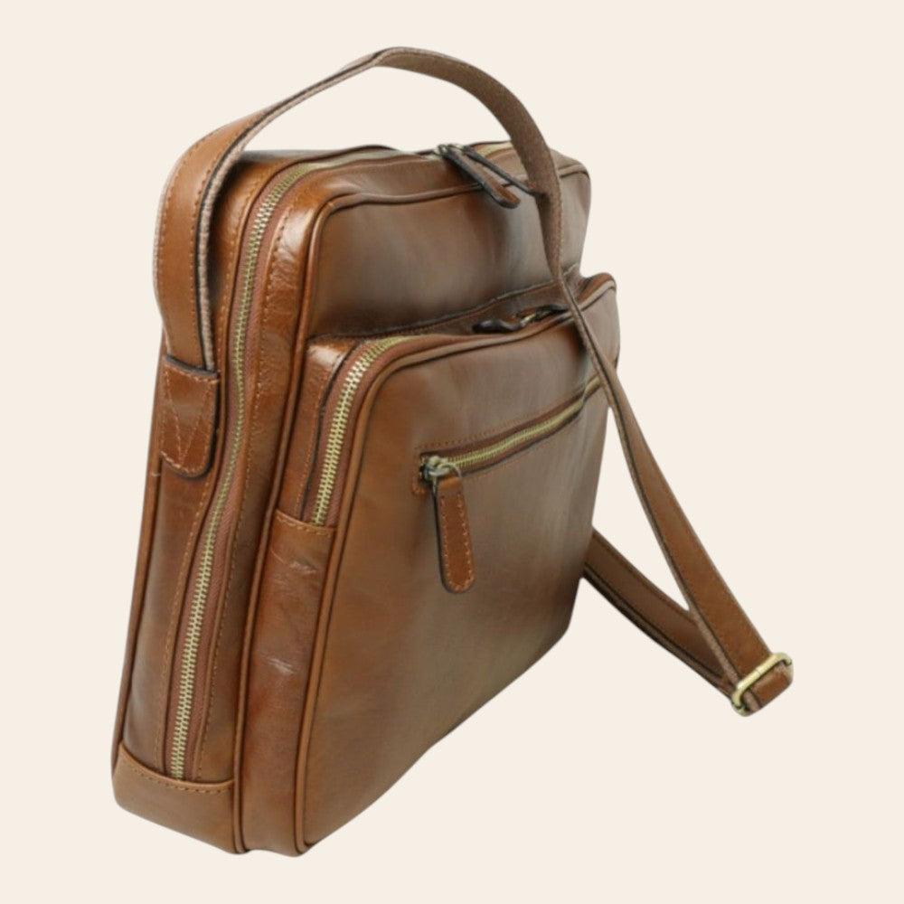 Borsa messenger grande Vetrina Fiorentina in pelle di vitello color castagna con tasche esterne e zip