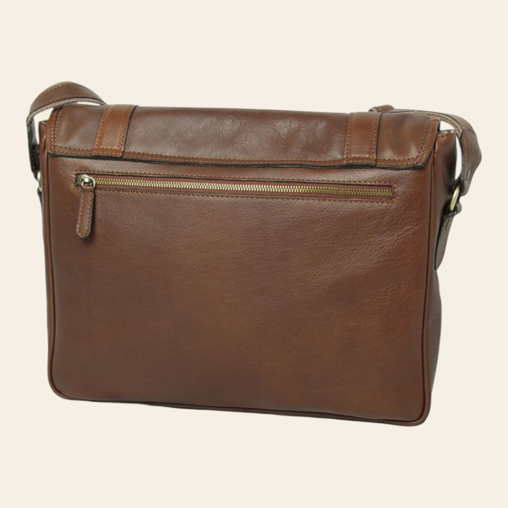 Borsa messenger Vetrina Fiorentina in vitello morbido color castagna con tasca posteriore con zip