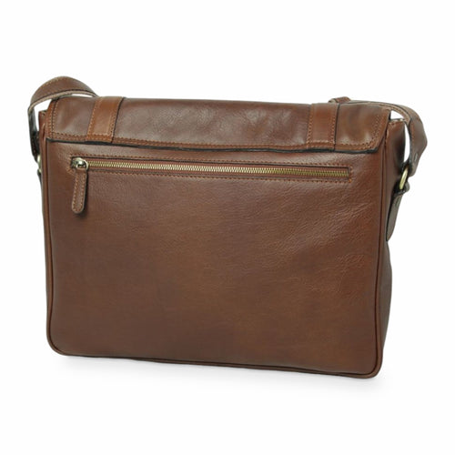Borsa messenger Vetrina Fiorentina in vitello morbido color castagna con tasca posteriore con zip