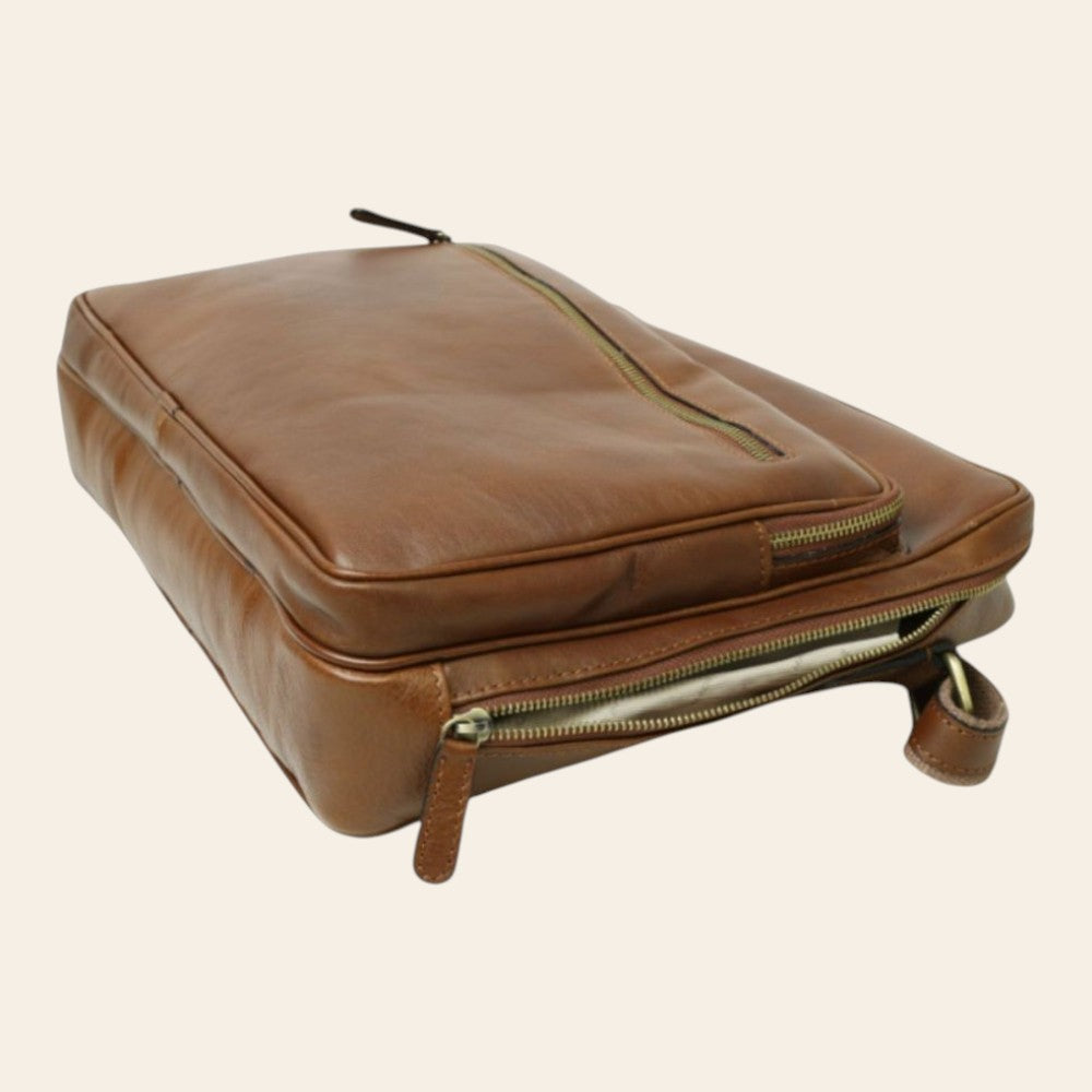 Borsa messenger grande Vetrina Fiorentina in pelle di vitello color castagna con tasche esterne e chiusura a zip