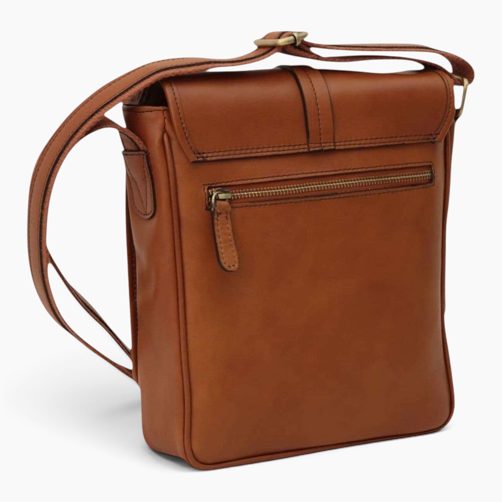 Borsa messenger Vetrina Fiorentina in pelle di vitello pieno fiore color coloniale con tasca posteriore con zip