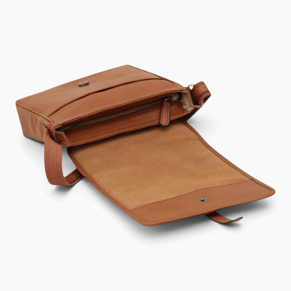 Borsa messenger Vetrina Fiorentina in pelle di vitello pieno fiore color coloniale con chiusura a zip e calamita