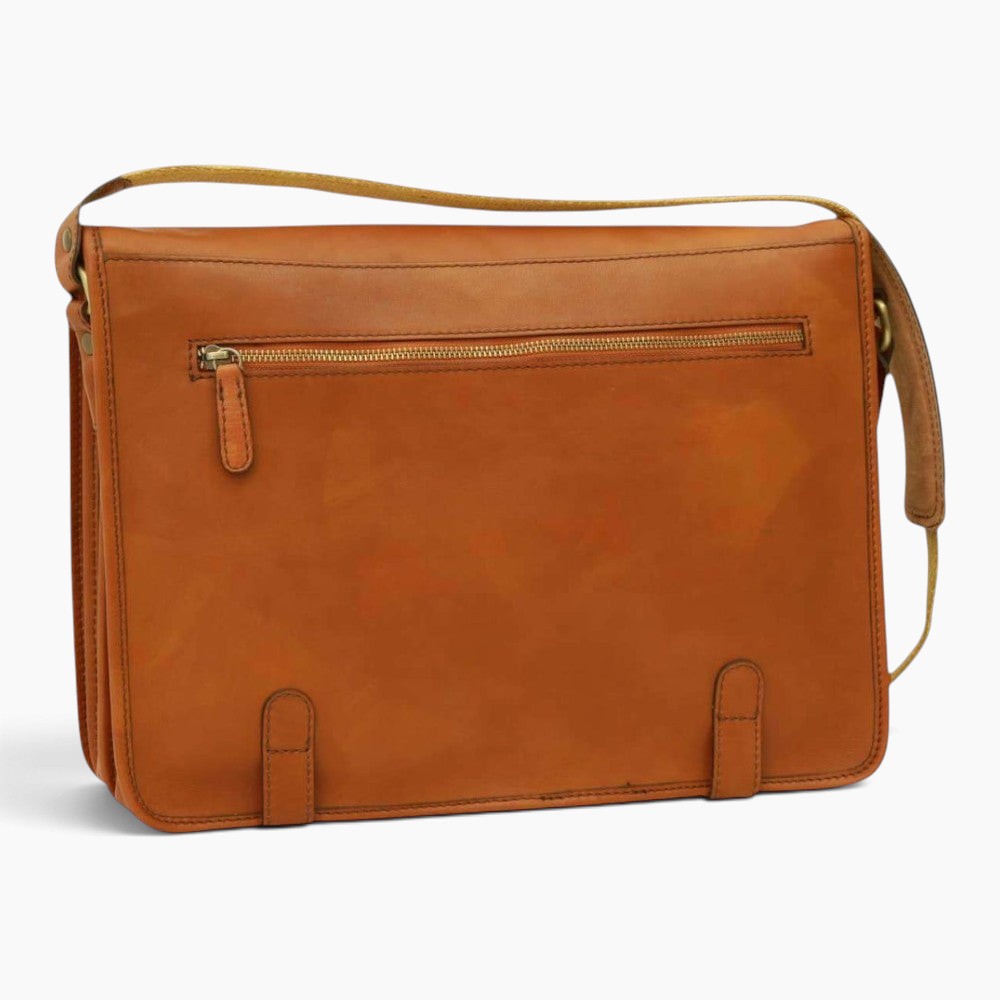 Borsa messenger Vetrina Fiorentina in pelle di vitello color coloniale con tasca posteriore e tracolla regolabile