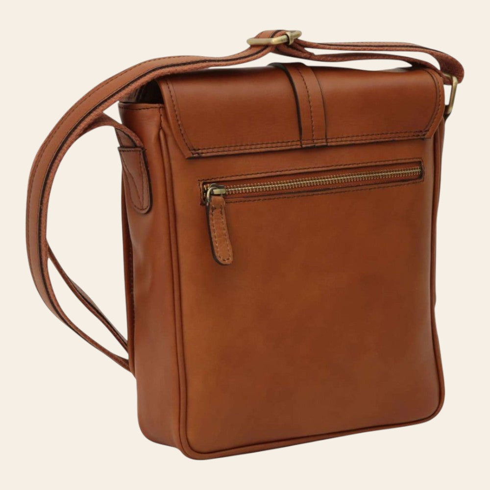 Borsa messenger Vetrina Fiorentina in pelle di vitello pieno fiore color coloniale con tasca posteriore con zip
